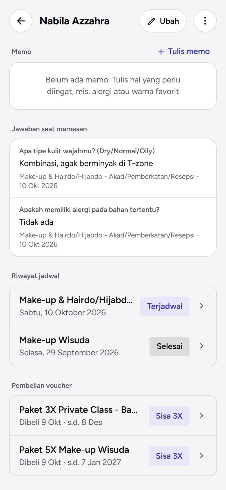 Tangkapan layar: profil klien dengan bagian Pembelian voucher, tampilan ponsel