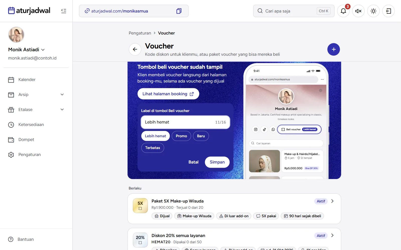 Tangkapan layar: editor label tombol di banner Voucher dengan saran Lebih hemat, Promo, Baru, dan Terbatas, tampilan desktop