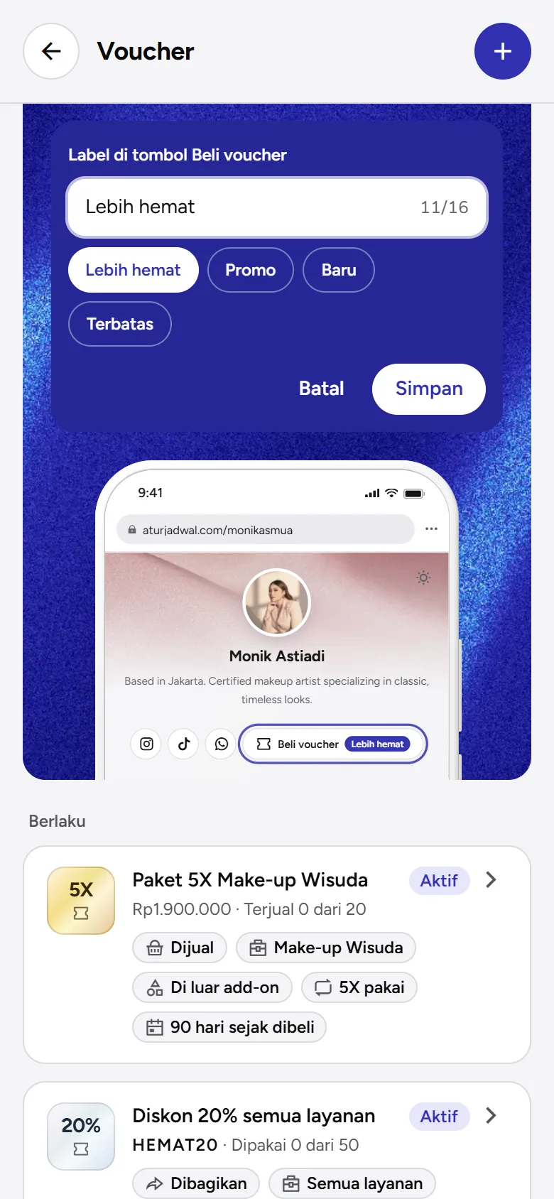 Tangkapan layar: editor label tombol di banner Voucher dengan saran Lebih hemat, Promo, Baru, dan Terbatas, tampilan ponsel