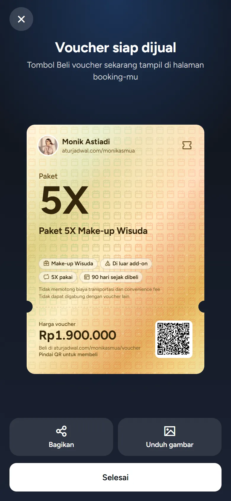 Tangkapan layar: layar Voucher siap dijual dengan kartu emas dan tombol Salin link atau Bagikan, tampilan ponsel