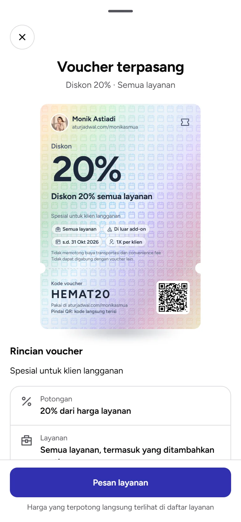 Tangkapan layar: layar Voucher terpasang yang dilihat klien setelah memasukkan kode, tampilan ponsel