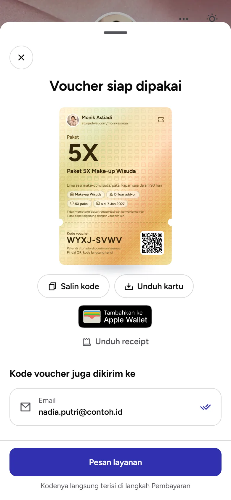 Tangkapan layar: layar Voucher siap dipakai di iPhone dengan tombol Tambahkan ke Apple Wallet, tampilan ponsel