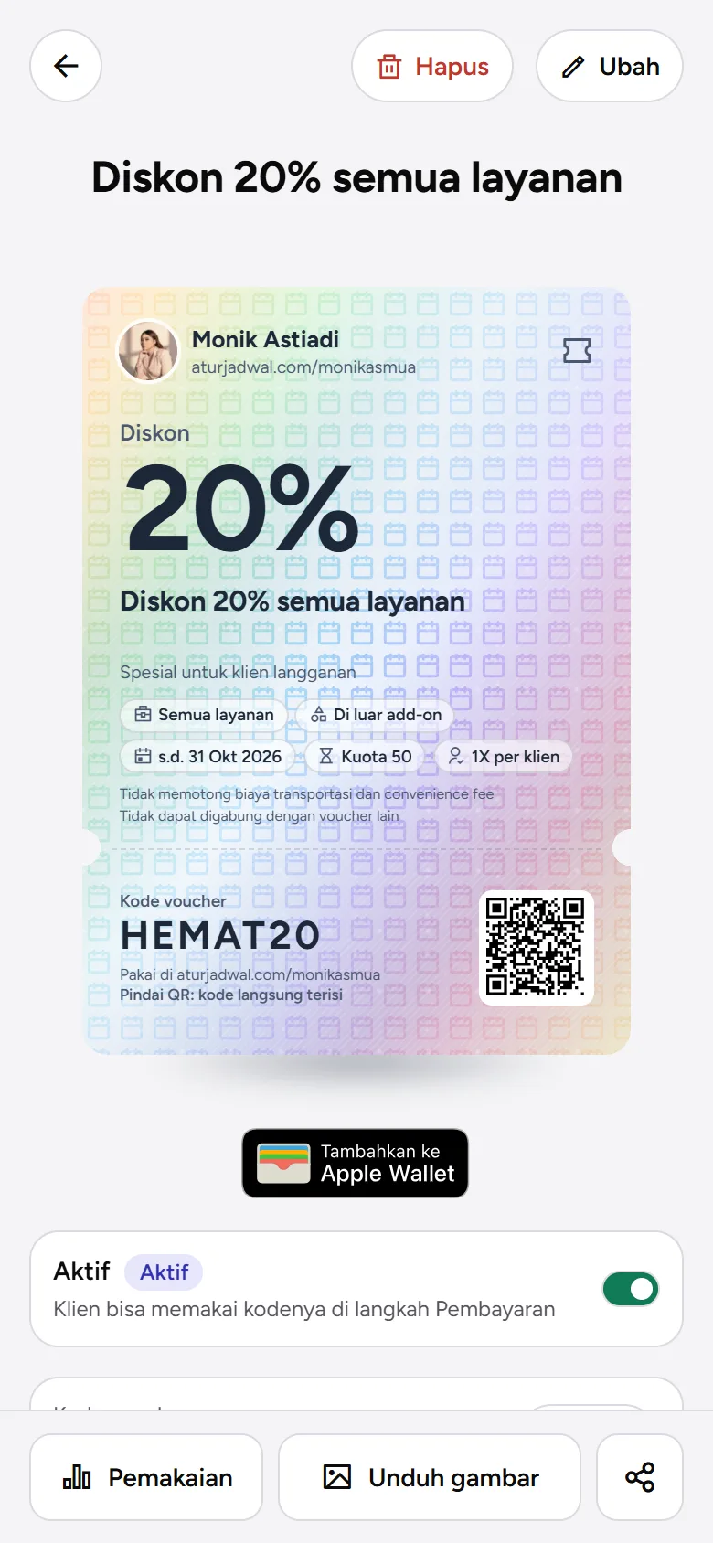 Tangkapan layar: detail voucher dibagikan di iPhone dengan tombol Tambahkan ke Apple Wallet, tampilan ponsel
