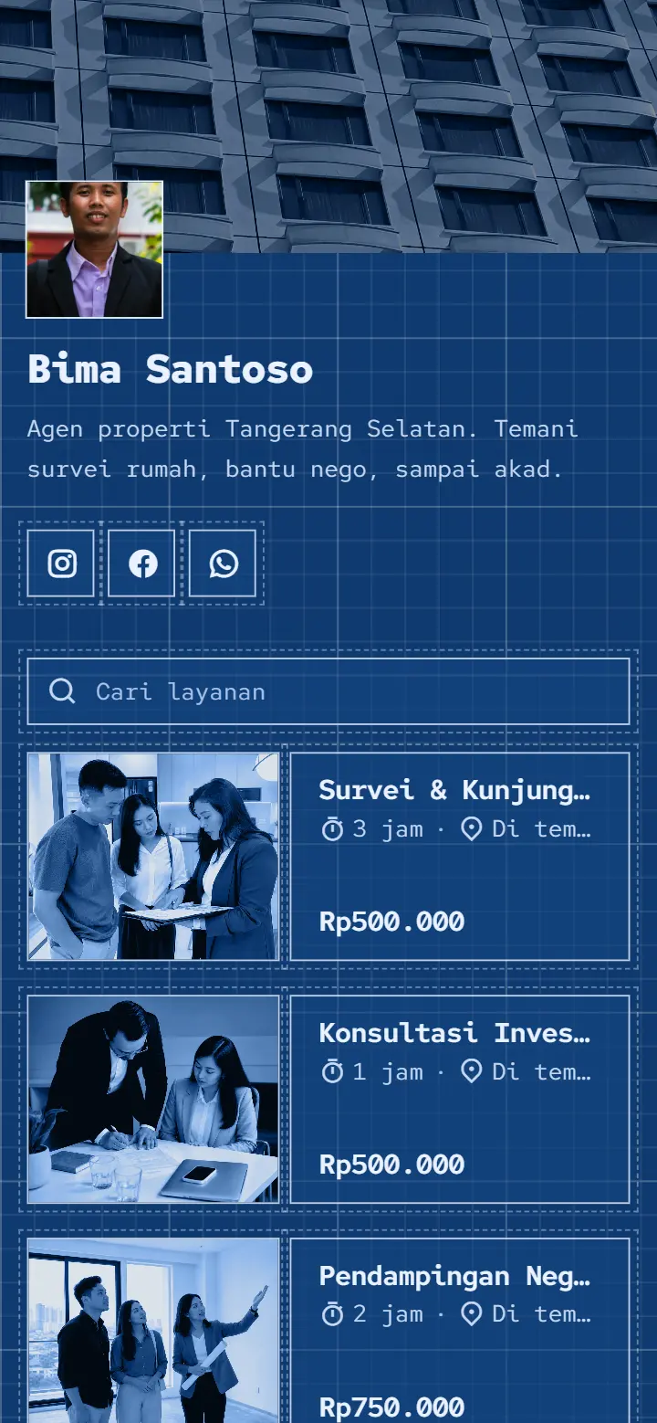 Contoh halaman booking agen properti dengan tema Cetak biru