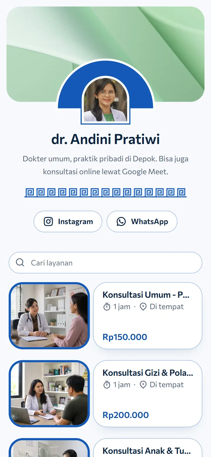 Contoh halaman booking dokter dengan tema Santorini