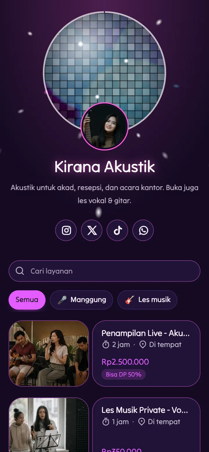 Contoh halaman booking musisi dengan tema Disko