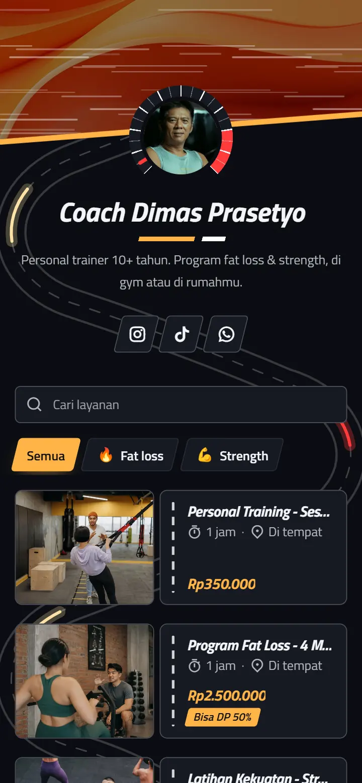 Contoh halaman booking personal trainer dengan tema Takumi