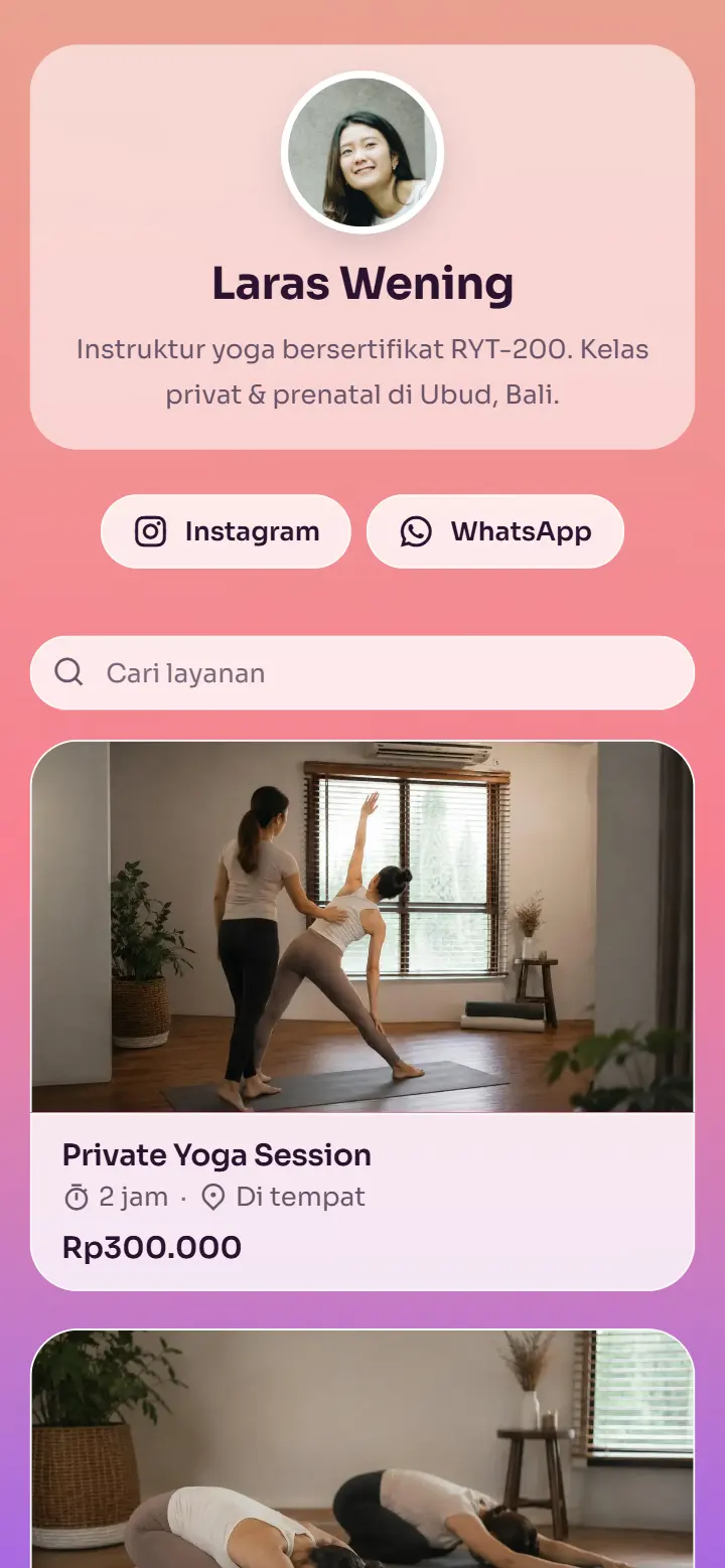 Contoh halaman booking instruktur yoga dengan tema Senja