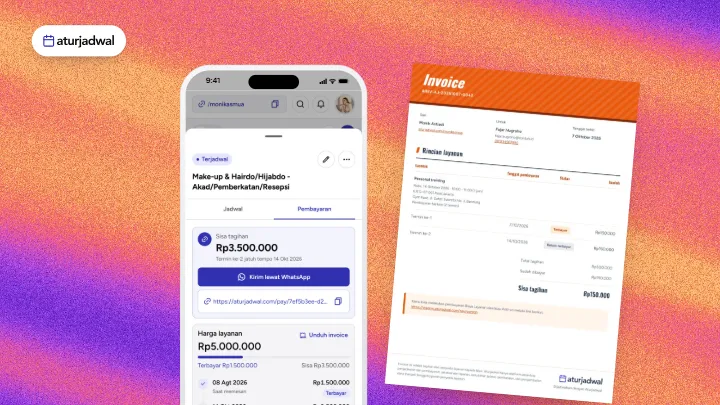 Detail pembayaran jadwal dengan DP di aplikasi Aturjadwal dan invoice yang dibuatnya.